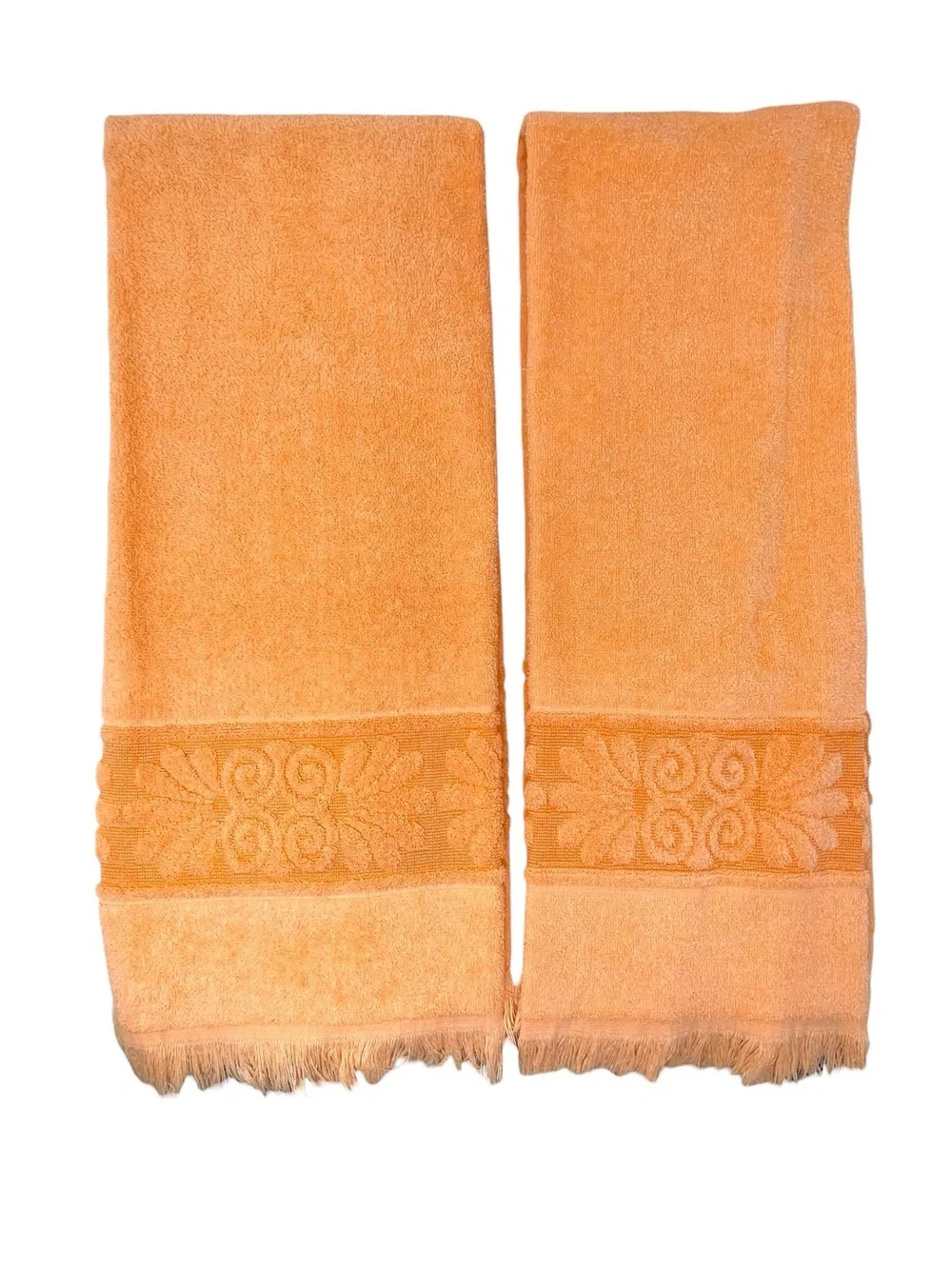 Vintage Monticello Santa Cruz Bath Towel Set Fringed Coral Orange Peach 60s 70s